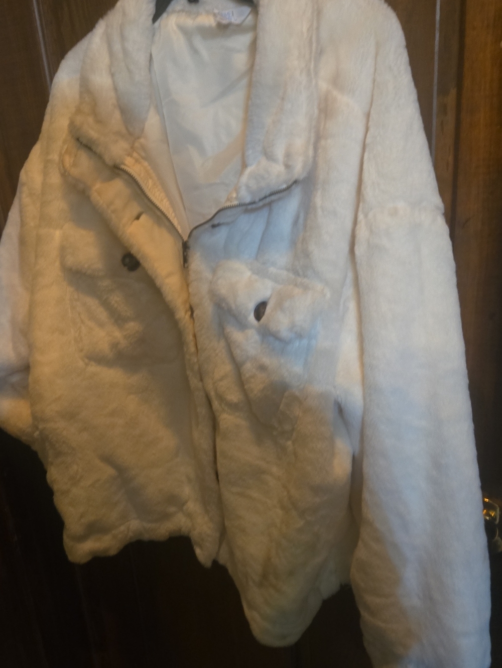 Time and Tru Cream Faux Fur Teddy Jacket with Zip & Button Front